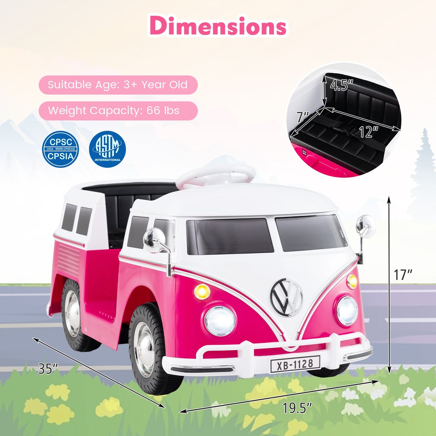 12V Ride On Car Licensed Volkswagen Ride-on Bus with Cup Holder and LED Headlights for 3+ Years Old