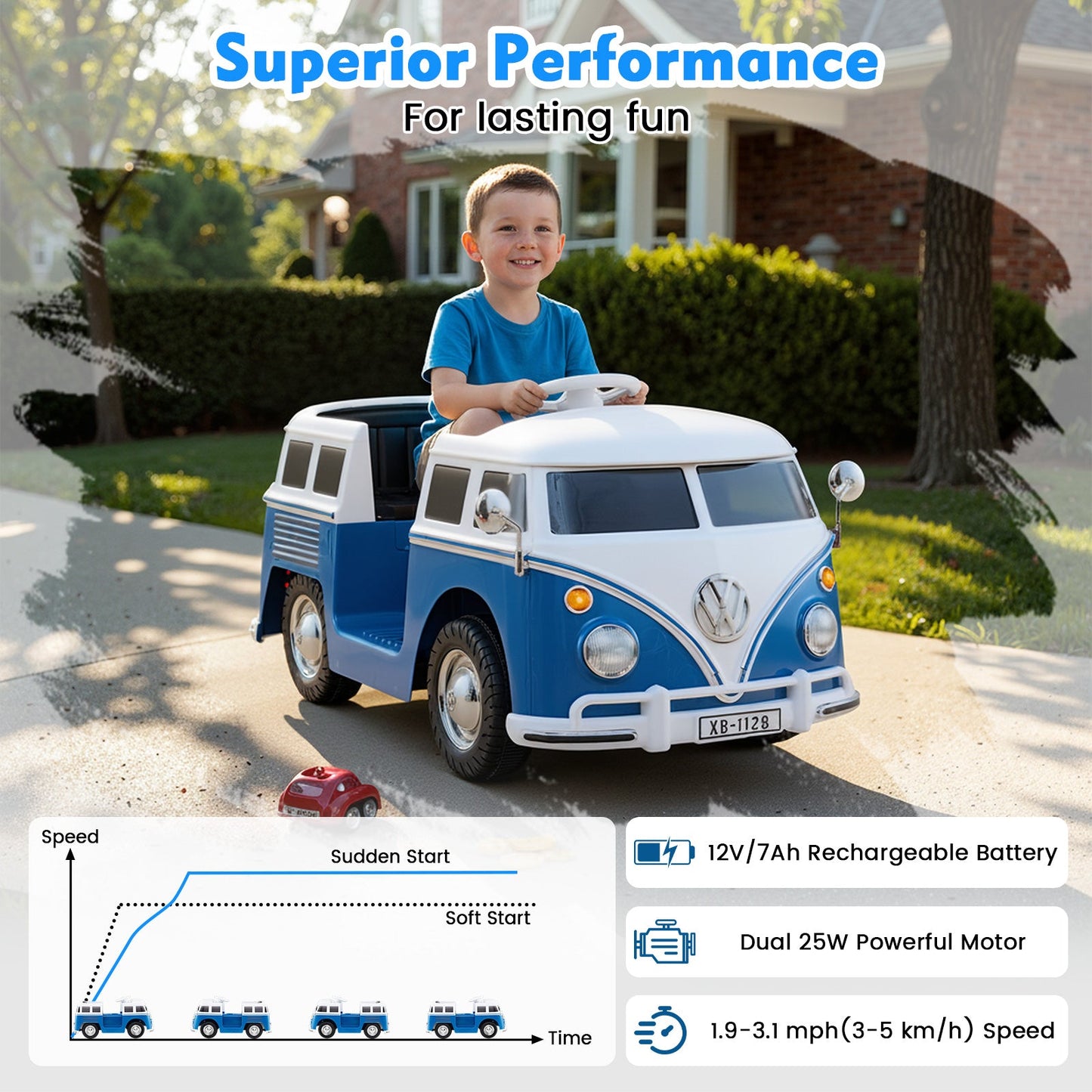12V Ride On Car Licensed Volkswagen Ride-on Bus with Cup Holder and LED Headlights for 3+ Years Old