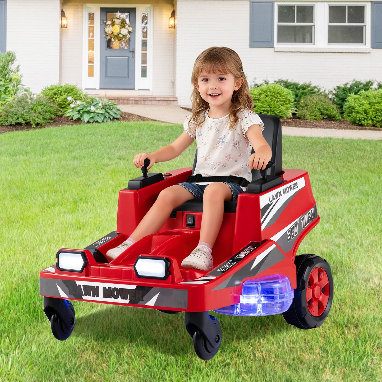 12V Ride on Lawn Mower for Kids with Dual Control Sticks and LED Lights
