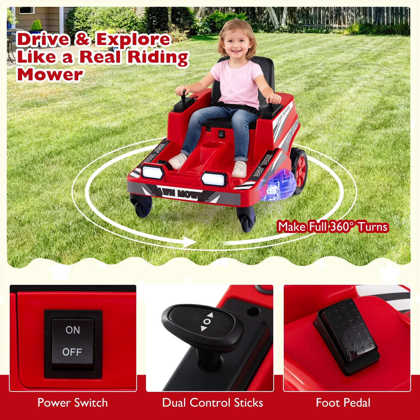 12V Ride on Lawn Mower for Kids with Dual Control Sticks and LED Lights