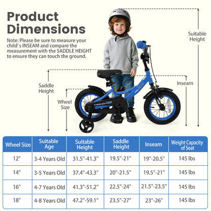 12/14/16/18 Inches Kids Bike with Removable Training Wheels and Adjustable Seatfor 3-8 Years Old Navy
