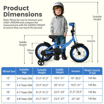 12/14/16/18 Inches Kids Bike with Removable Training Wheels and Adjustable Seatfor 3-8 Years Old Navy