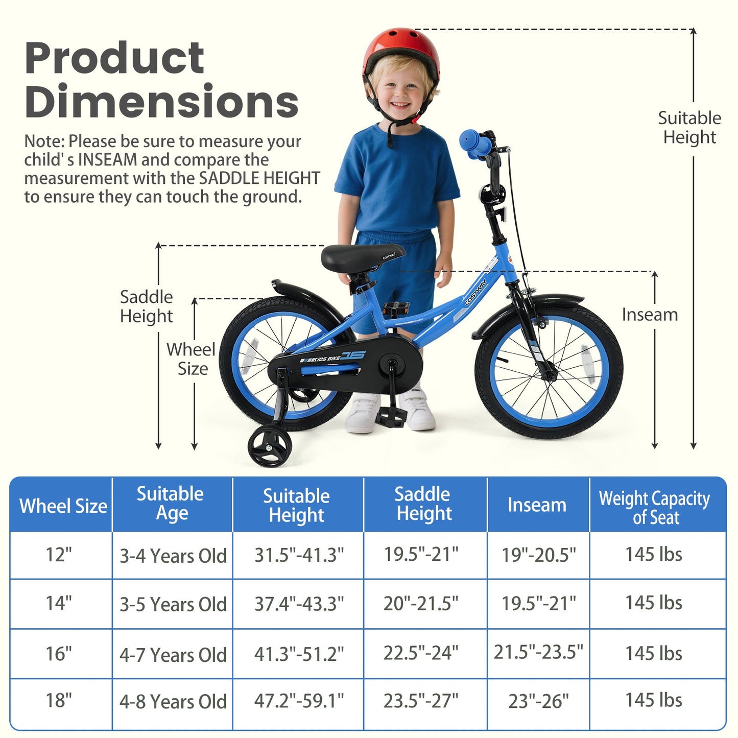 12/14/16/18 Inches Kids Bike with Removable Training Wheels and Adjustable Seatfor 3-8 Years Old Navy