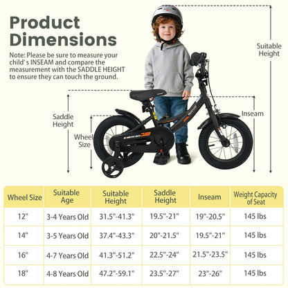 12/14/16/18 Inches Kids Bike with Removable Training Wheels and Adjustable Seatfor 3-8 Years Old Black