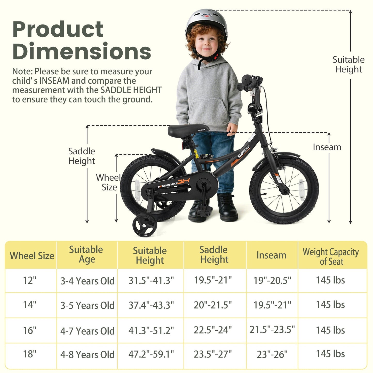 12/14/16/18 Inches Kids Bike with Removable Training Wheels and Adjustable Seatfor 3-8 Years Old Black