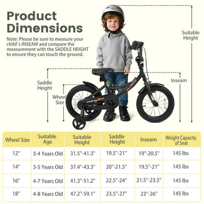 12/14/16/18 Inches Kids Bike with Removable Training Wheels and Adjustable Seatfor 3-8 Years Old Black