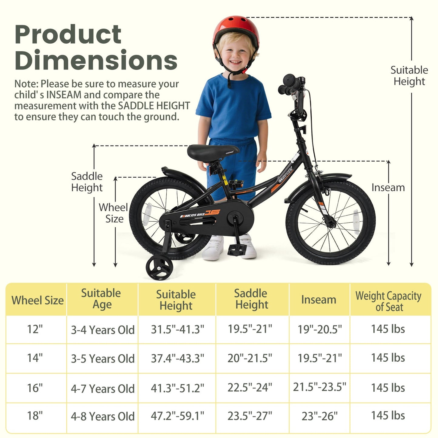 12/14/16/18 Inches Kids Bike with Removable Training Wheels and Adjustable Seatfor 3-8 Years Old Black