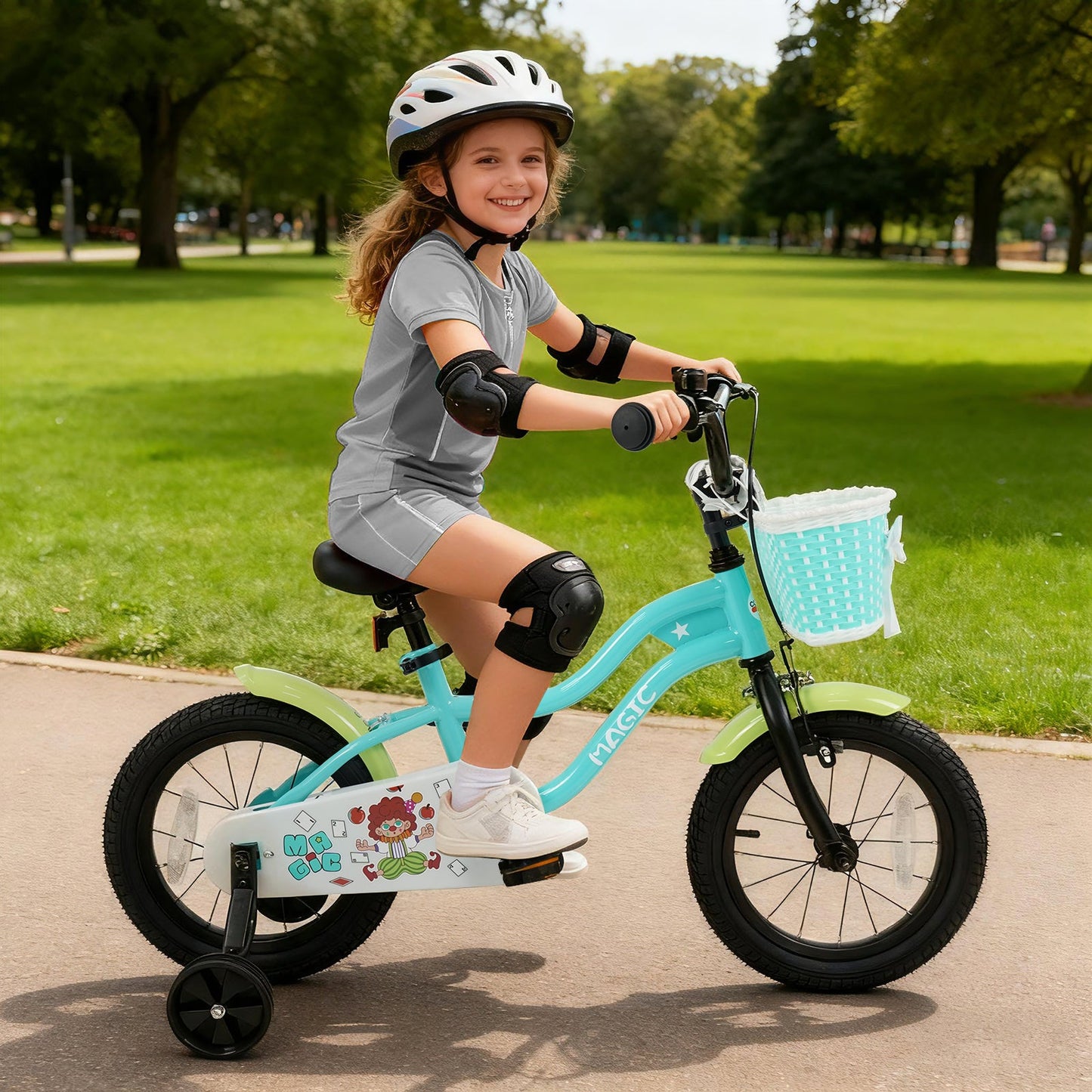 12/14/16 Inch Kids Bike with Training Wheels and Basket Green Color