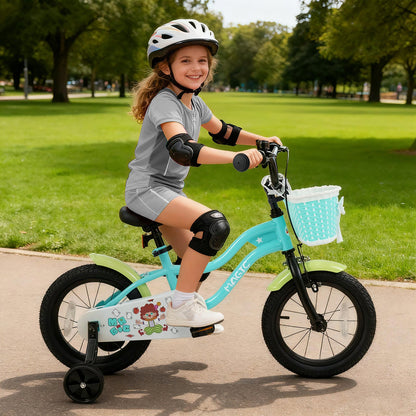 12/14/16 Inch Kids Bike with Training Wheels and Basket Green Color