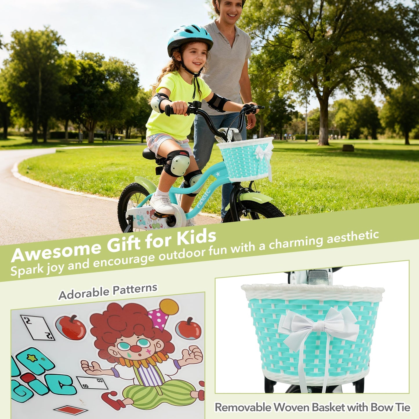 12/14/16 Inch Kids Bike with Training Wheels and Basket Green Color