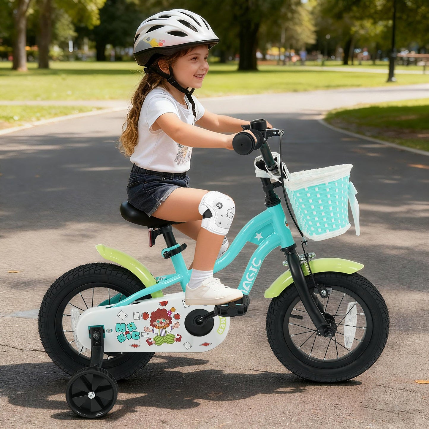 12/14/16 Inch Kids Bike with Training Wheels and Basket Green Color