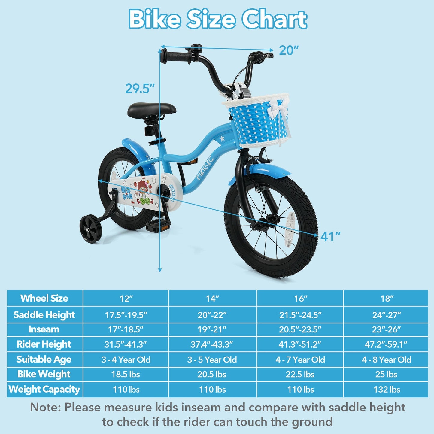 12/14/16 Inch Kids Bike with Training Wheels and Basket Navy Color