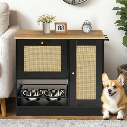 Feeding Station with 2 Lockers and Elevated Bowls Black