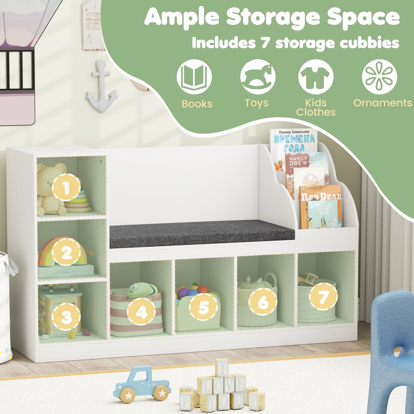 Kids Bookcase with Reading Nook 3-in-1 Standing Toy Organizer-White