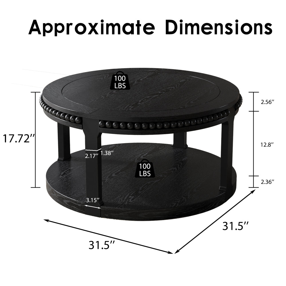 31.5" Round Solid Wood Coffee Table — Two-Tier Shelf, Natural Finish