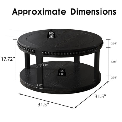 31.5" Round Solid Wood Coffee Table — Two-Tier Shelf, Natural Finish