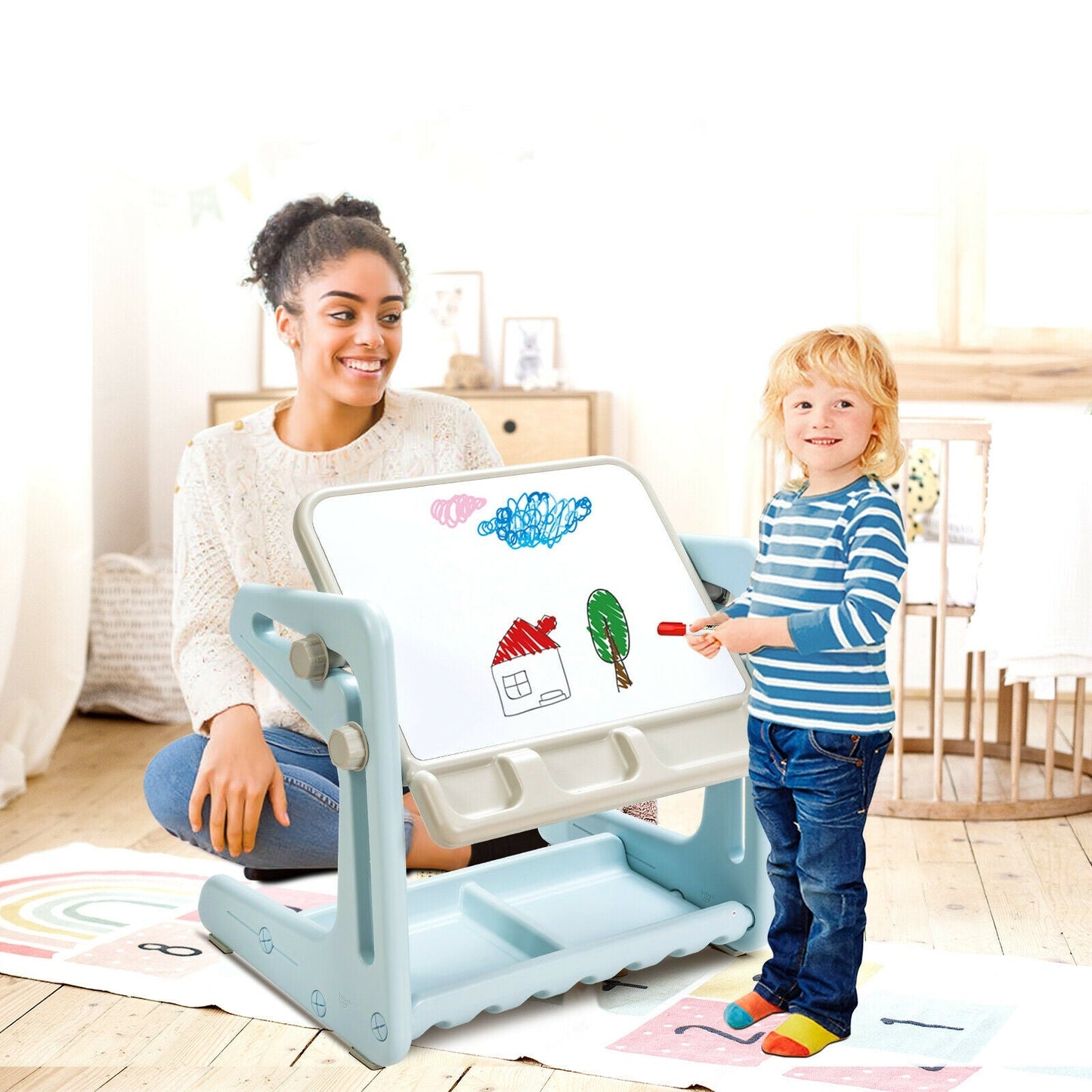 2 in 1 Kids Easel Table and Chair Set with Adjustable Art Painting Board