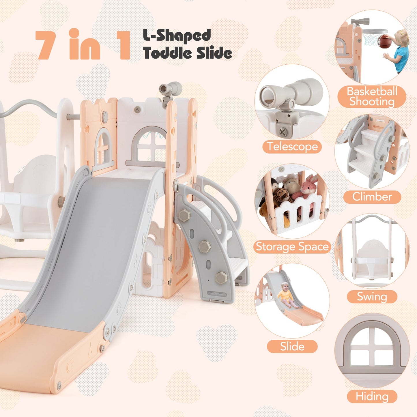 7-in-1 Toddler Swing and Slide Set L-shaped with Ladder and Basketball Hoop