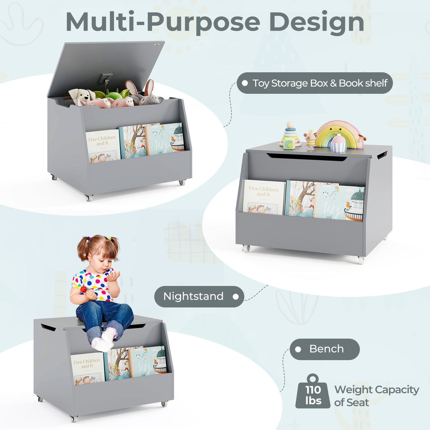 Wooden Mobile Toy Storage Organizer with Bookshelf and Lockable Wheels