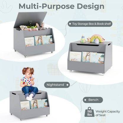 Wooden Mobile Toy Storage Organizer with Bookshelf and Lockable Wheels