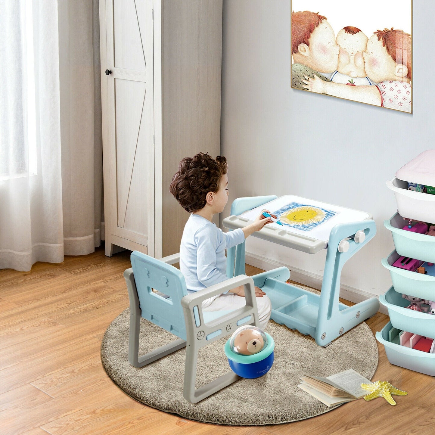 2 in 1 Kids Easel Table and Chair Set with Adjustable Art Painting Board