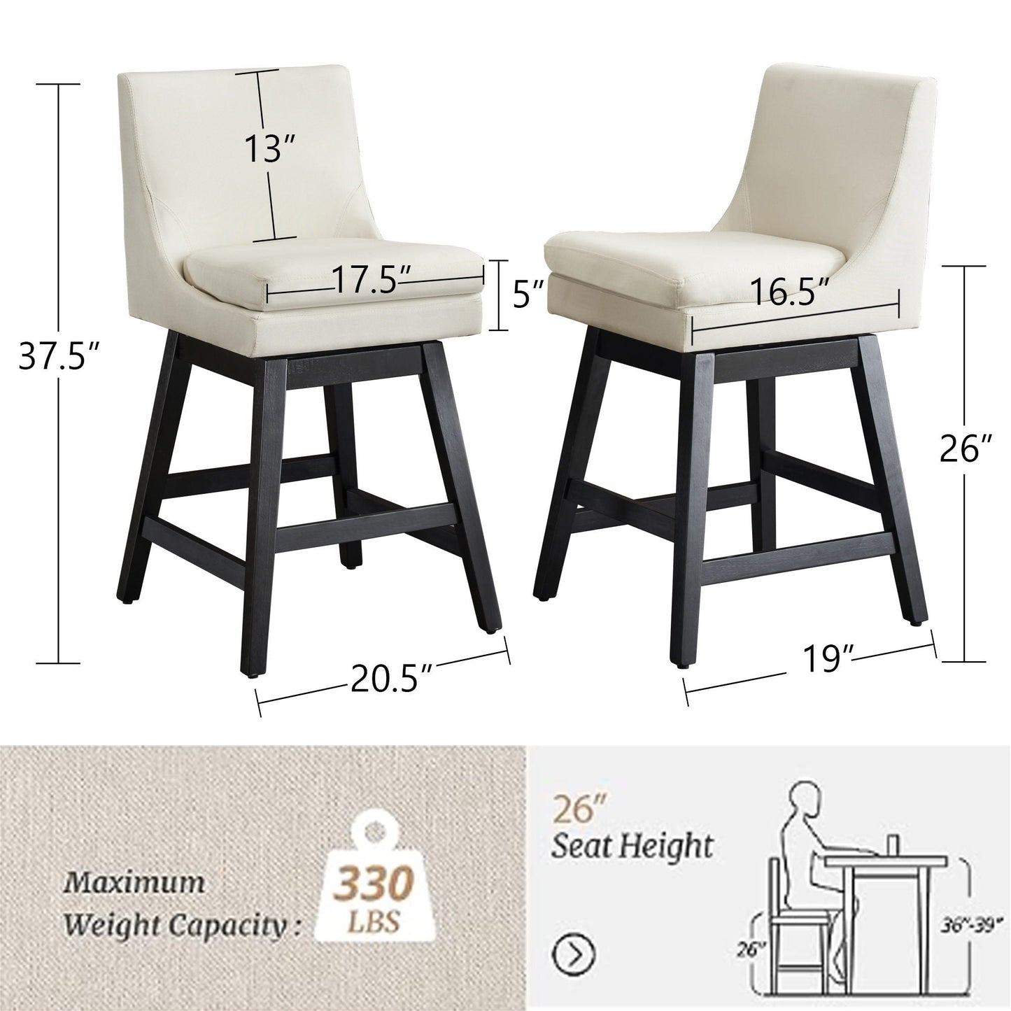 Upholstered Swivel Bar Stools With Ergonomic Design (Set of 2) - Cream White