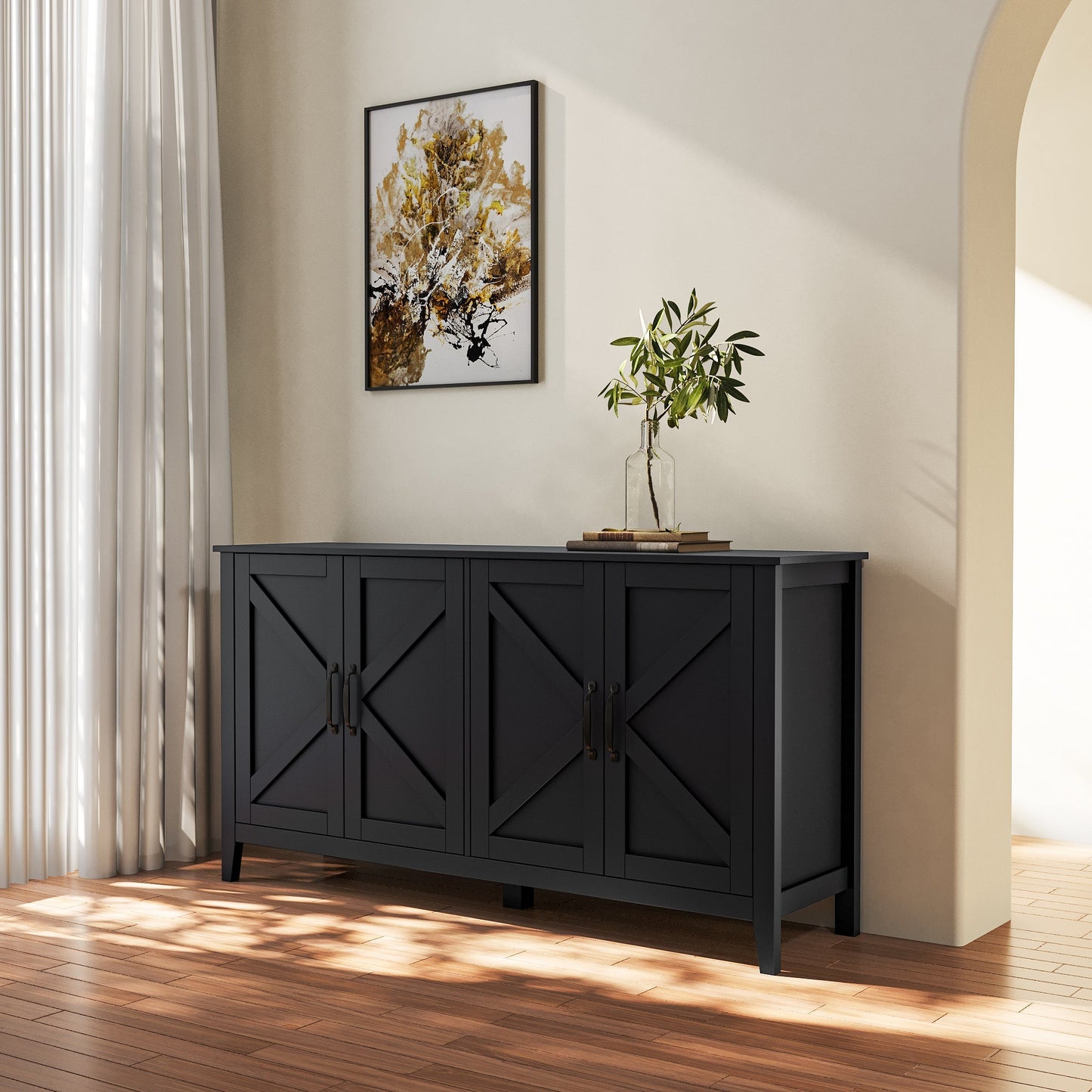Cabinet With 4 Doors and 4 Open Shelves Freestanding Sideboard
