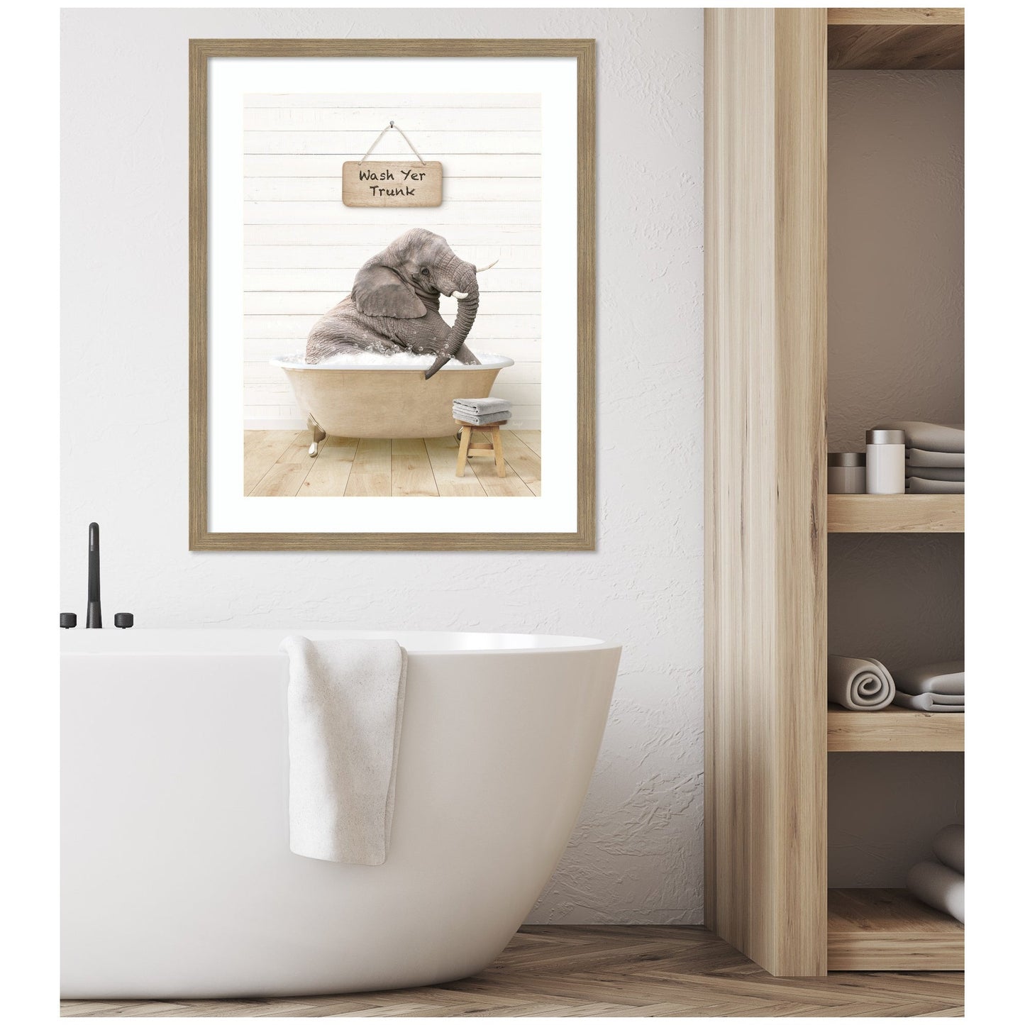 Young Elephant in Modern Bathtub  Wash Your Trunk by Amy Peterson Framed Wall Art Print