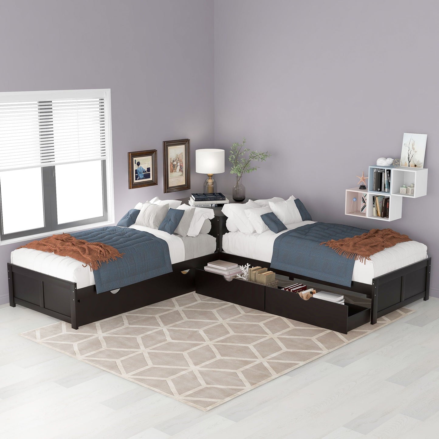 L Shaped Platform Bed With Trundle And Drawers Linked With Built In Desk