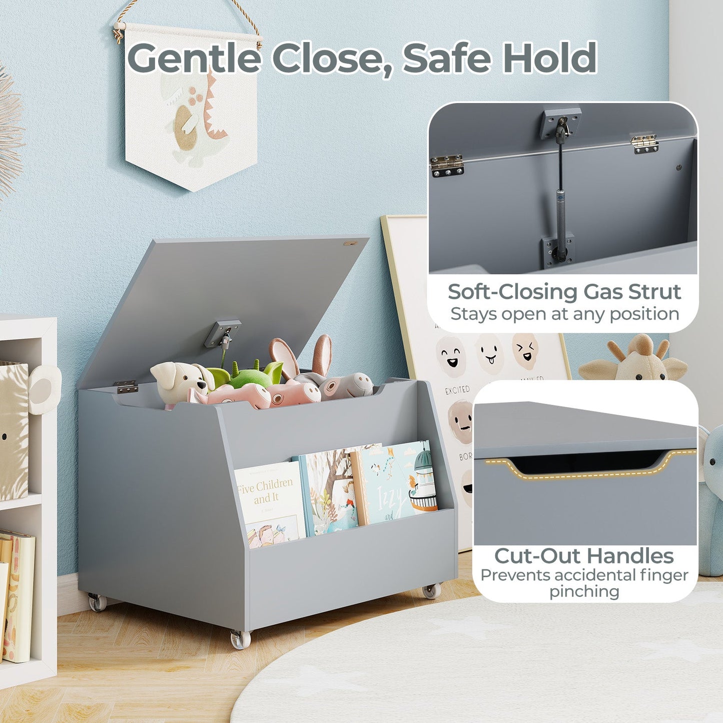 Wooden Mobile Toy Storage Organizer with Bookshelf and Lockable Wheels