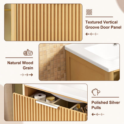 Bathroom Vanity With Sink, Open Shelf & Closed Storage - Natural Wood