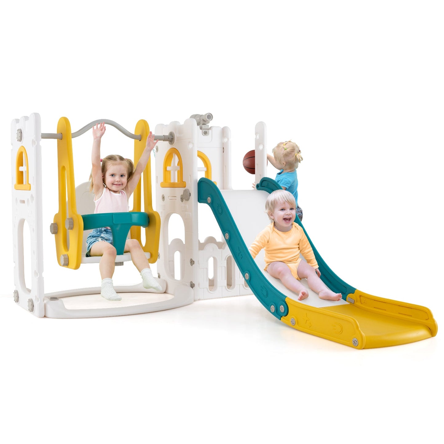 7-in-1 Toddler Swing and Slide Set L-shaped with Ladder and Basketball Hoop