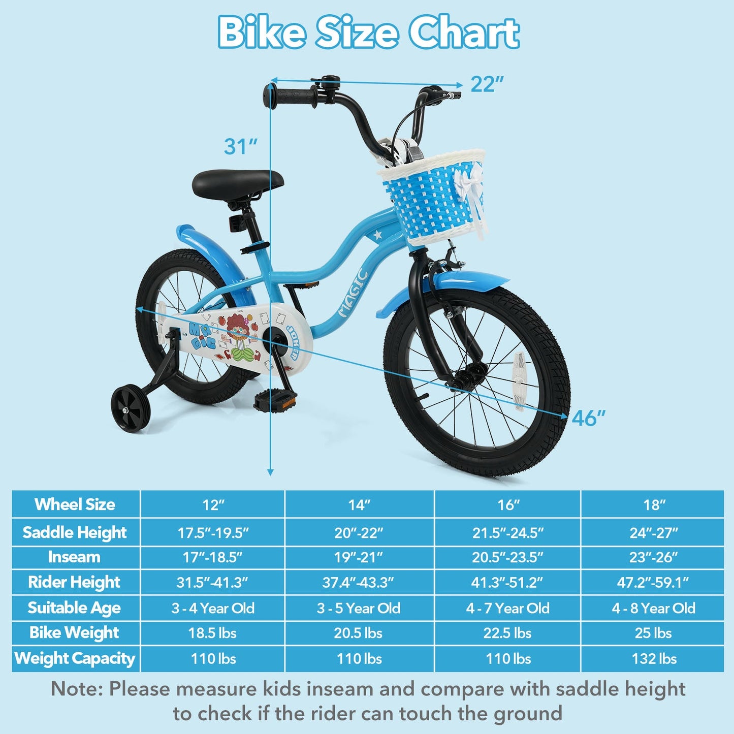 12/14/16 Inch Kids Bike with Training Wheels and Basket Navy Color