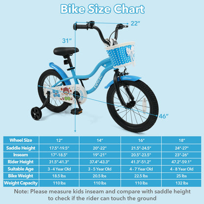 12/14/16 Inch Kids Bike with Training Wheels and Basket Navy Color