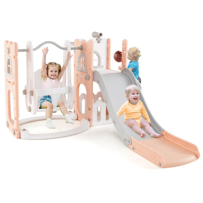 7-in-1 Toddler Swing and Slide Set L-shaped with Ladder and Basketball Hoop