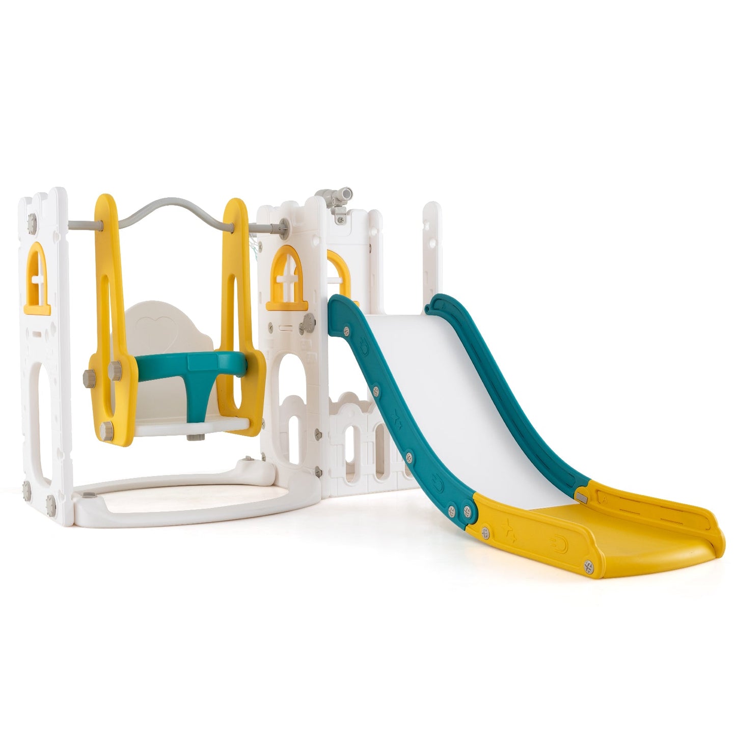7-in-1 Toddler Swing and Slide Set L-shaped with Ladder and Basketball Hoop