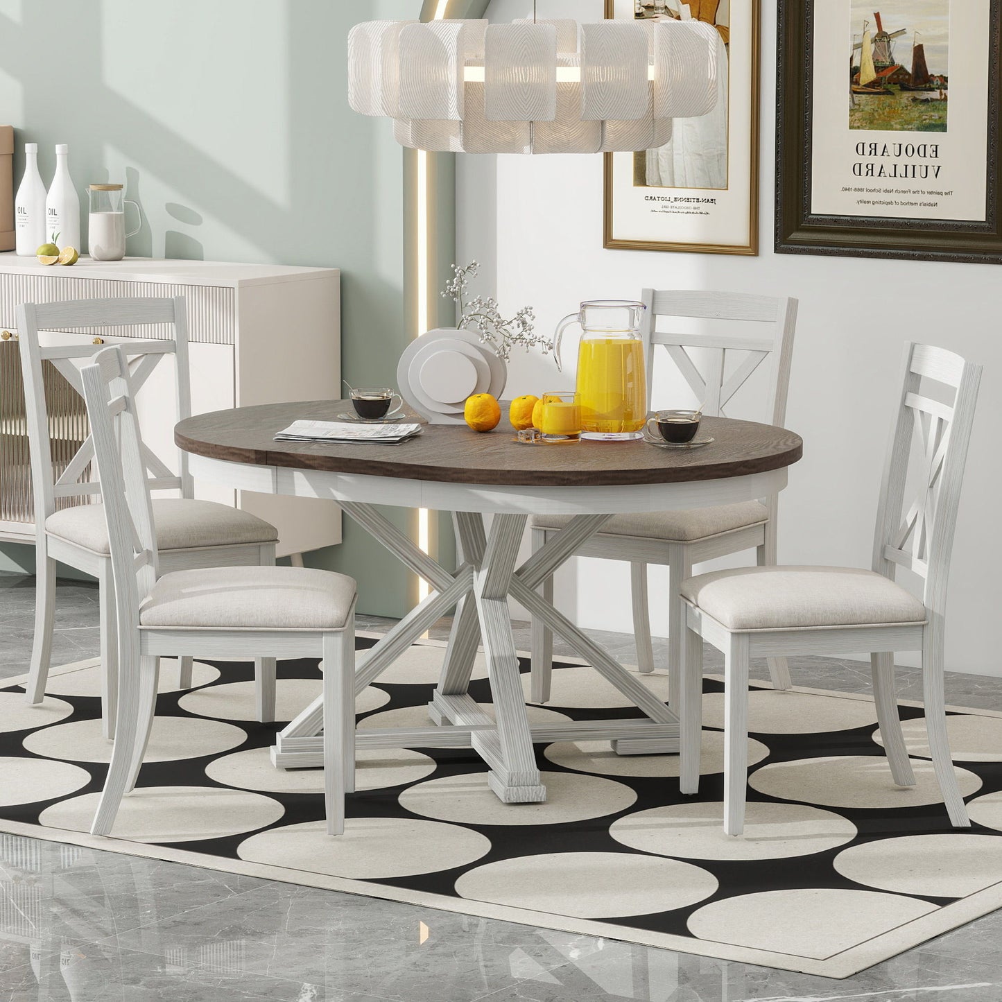 Dining Set With Extendable Round Table And 4 Upholstered Chairs