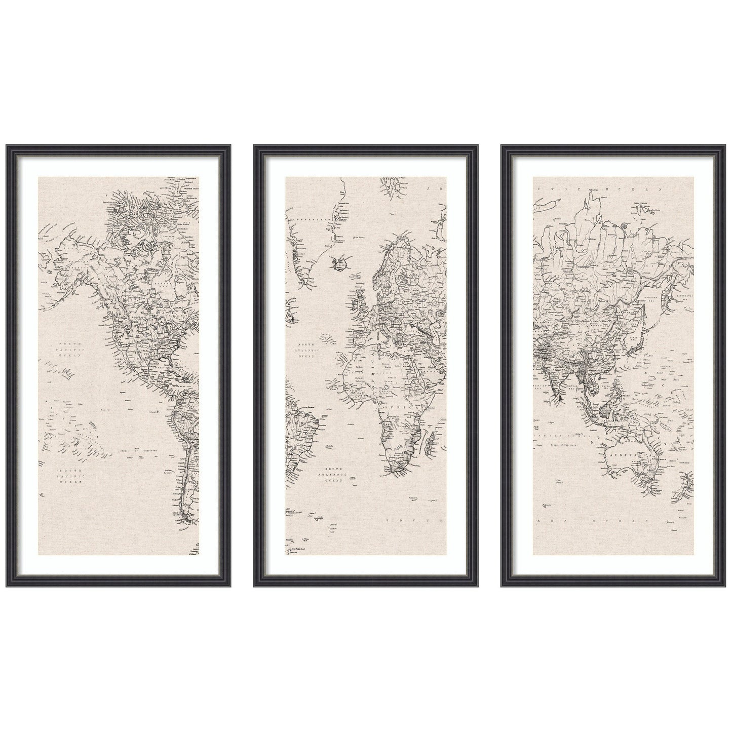 Vintage Black and White World Map Linen 3 Piece Framed Wall Art Print Set by The Creative Bunch Studio