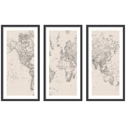 Vintage Black and White World Map Linen 3 Piece Framed Wall Art Print Set by The Creative Bunch Studio