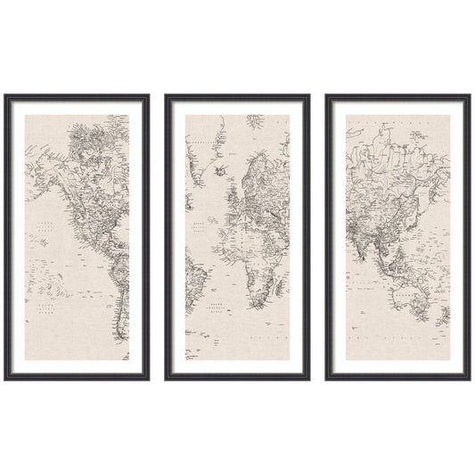 Vintage Black and White World Map Linen 3 Piece Framed Wall Art Print Set by The Creative Bunch Studio
