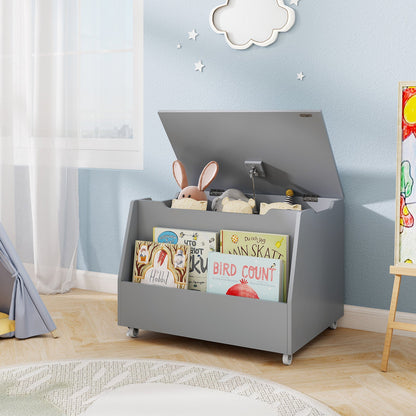Wooden Mobile Toy Storage Organizer with Bookshelf and Lockable Wheels