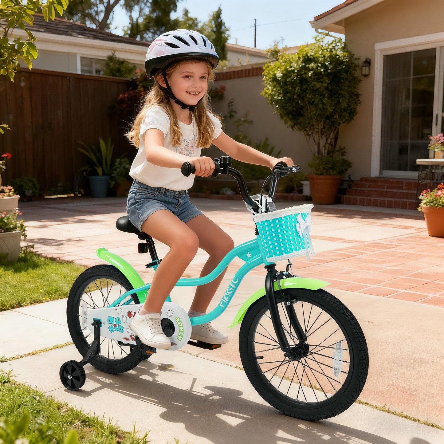 12/14/16 Inch Kids Bike with Training Wheels and Basket Green Color