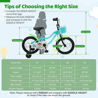 12/14/16 Inch Kids Bike with Training Wheels and Basket Green Color