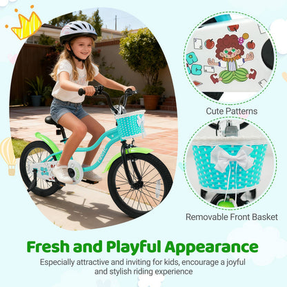 12/14/16 Inch Kids Bike with Training Wheels and Basket Green Color