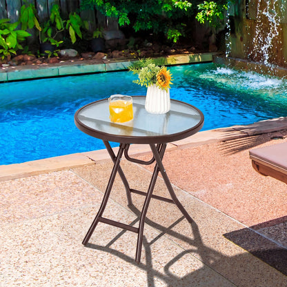 18" Round Folding Patio Side Table with Tempered Glass Top