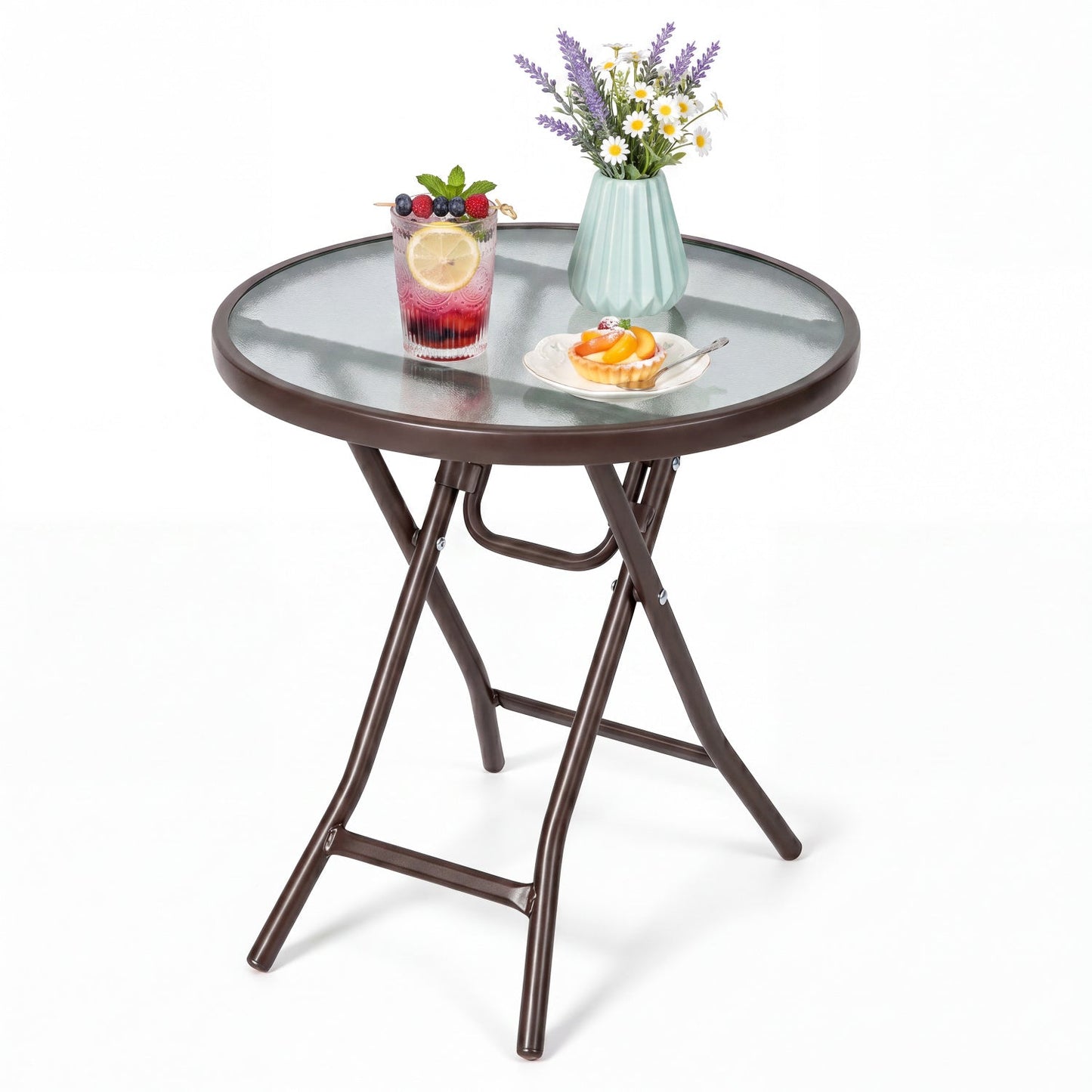 18" Round Folding Patio Side Table with Tempered Glass Top