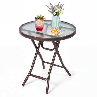 18" Round Folding Patio Side Table with Tempered Glass Top