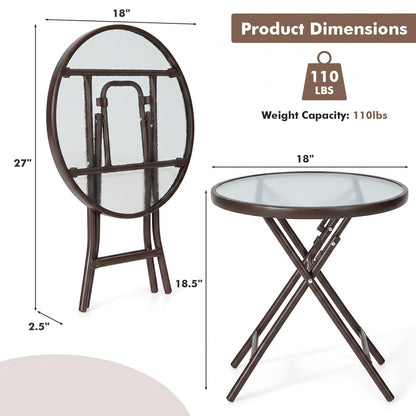 18" Round Folding Patio Side Table with Tempered Glass Top