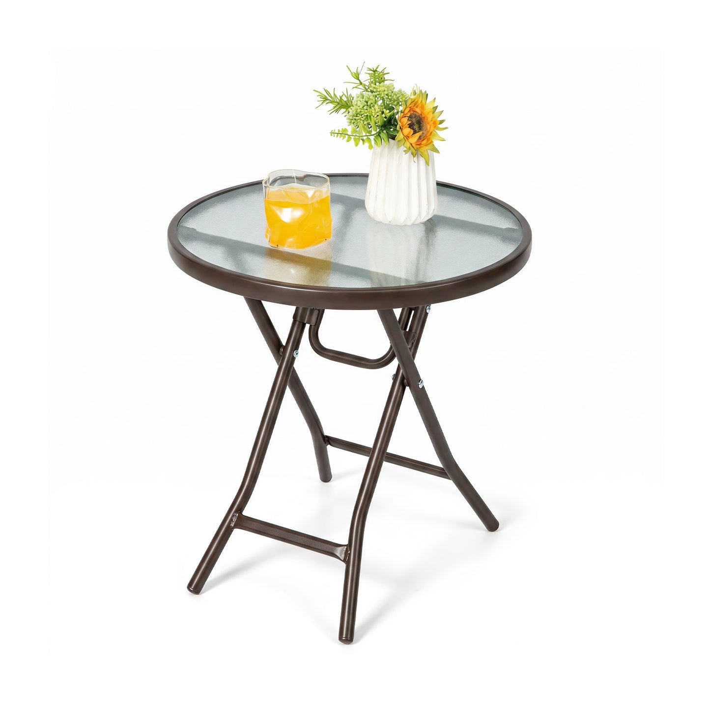 18" Round Folding Patio Side Table with Tempered Glass Top