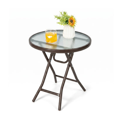 18" Round Folding Patio Side Table with Tempered Glass Top